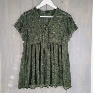 Jacob Paisley Sheer Babydoll Blouse Women Medium Green Short Sleeve Pleated